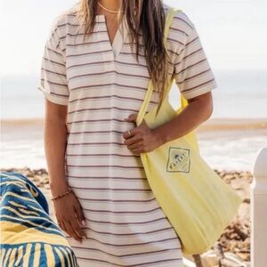 Faherty Striped V-Neck Dress with Yellow Tote